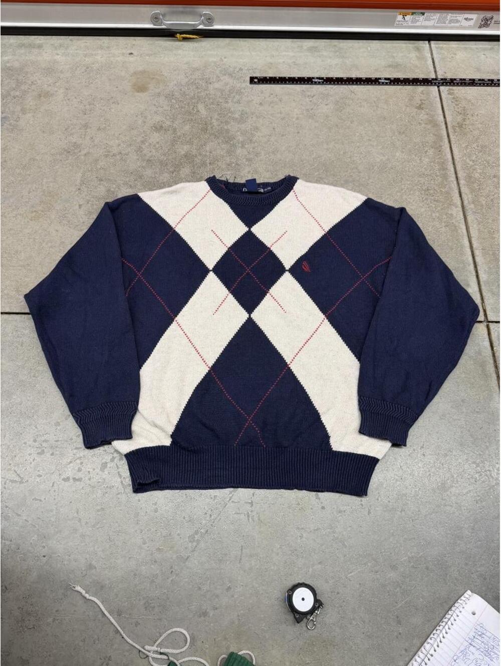 vintage nautica navy and white argyle knit sweater size xl